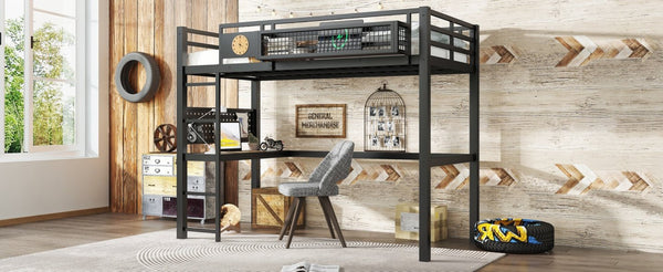 English Elm Twin Xl Solid Pine Loft Bed with Built-in Led Lighting and Storage Shelves W1580S00374
