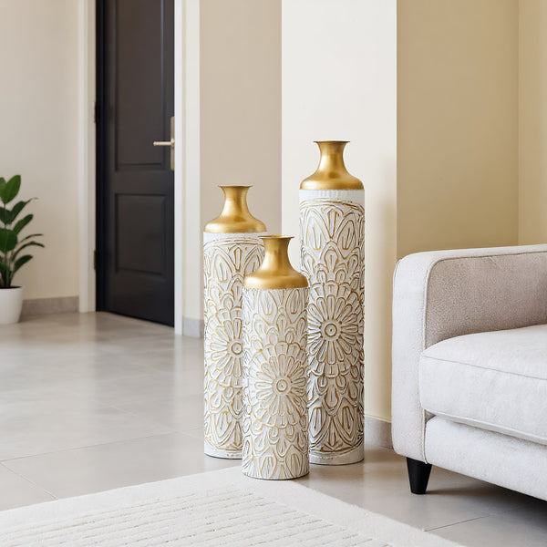 English Elm Floor Glam Metal Vase Set 3-Piece Gold & White Droplet Sculptural Floor Vases Tall Modern Décor W2796P321401