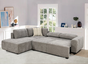 English Elm Sleeper Sectional with Storage Chaise Tufted Chenille Pull Out Sofa Bed Living Room Light Grey W1417S00217
