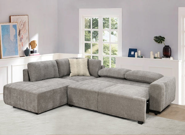 English Elm Sleeper Sectional with Storage Chaise Tufted Chenille Pull Out Sofa Bed Living Room Light Grey W1417S00217