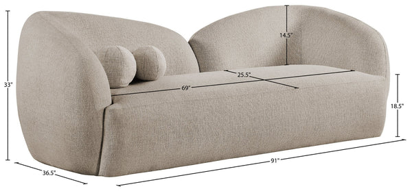 Meridian Furniture Elowen Curved Chenille Fabric Sofa with Sculptural Cocoon Back for Modern Living Rooms Beige 107Beige-S