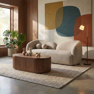 Meridian Furniture Elowen Curved Chenille Fabric Sofa with Sculptural Cocoon Back for Modern Living Rooms Beige 107Beige-S