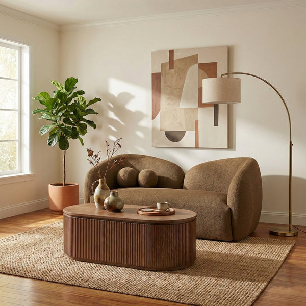 Meridian Furniture Elowen Curved Chenille Loveseat with Sculptural Cocoon Back for Cozy Modern Living Rooms Brown 107Brown-L