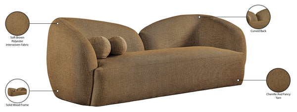 Meridian Furniture Elowen Curved Chenille Fabric Sofa with Sculptural Cocoon Back for Modern Living Rooms Brown 107Brown-S