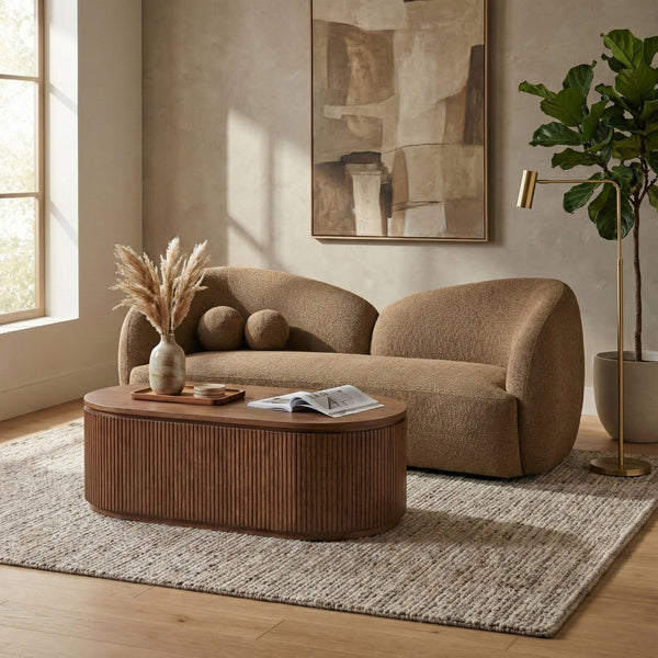 Meridian Furniture Elowen Curved Chenille Fabric Sofa with Sculptural Cocoon Back for Modern Living Rooms Brown 107Brown-S