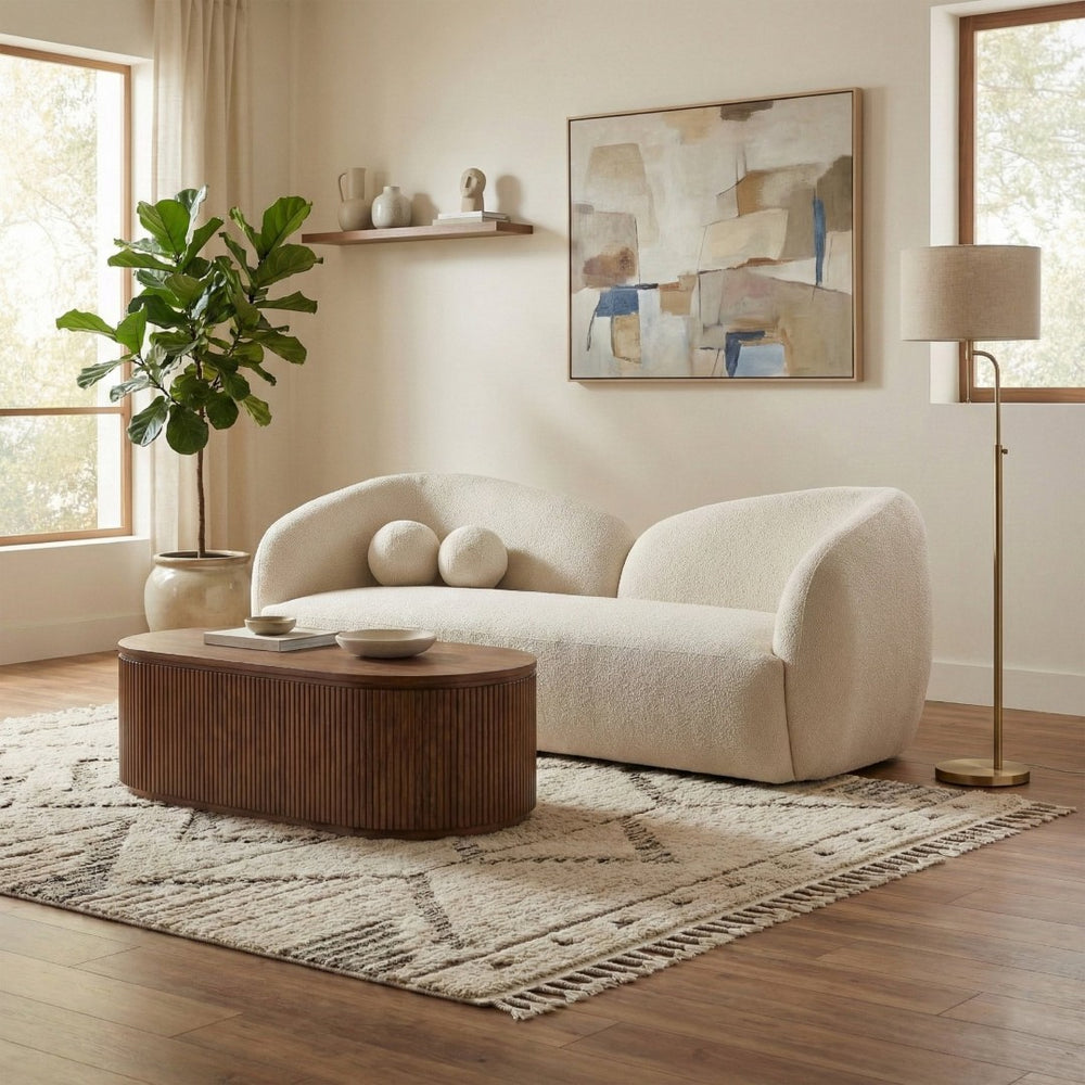 Meridian Furniture Elowen Curved Chenille Fabric Sofa with Sculptural Cocoon Back for Modern Living Rooms Cream 107Cream-S