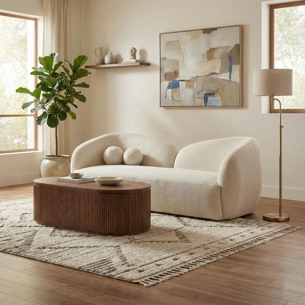 Meridian Furniture Elowen Curved Chenille Fabric Sofa with Sculptural Cocoon Back for Modern Living Rooms Cream 107Cream-S