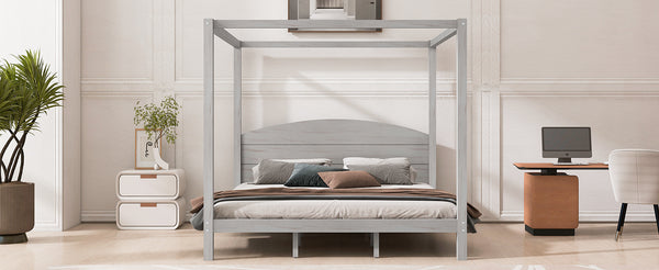 English Elm King Canopy Platform Bed with Headboard and Support Legs — Modern Pine Wood Frame, Sturdy 650lb Capacity Grey WF309291AAE