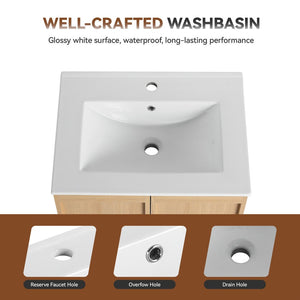 English Elm 24" Wall Mounted Bathroom Vanity Dark Oak Open Shelf Ceramic Sink Soft Close Door W3450P435843