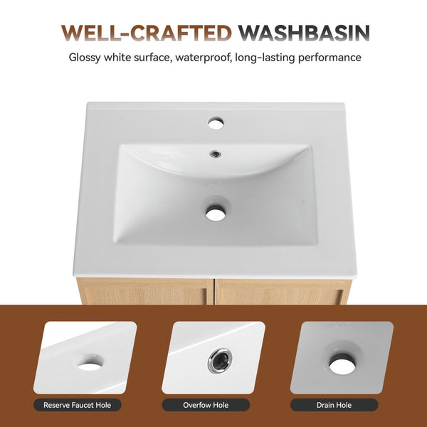 English Elm 24" Wall Mounted Bathroom Vanity Dark Oak Open Shelf Ceramic Sink Soft Close Door W3450P435843