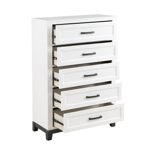 English Elm White Five Drawer Chest Solid Wood Farmhouse Bedroom Storage with Bar Pulls B011P270969