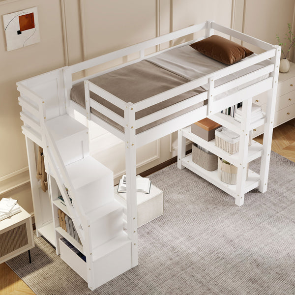 English Elm Twin L-Shaped Platform Bed with Three Spacious Drawers, Solid Pine & MDF, Clean-Lined Design White N7090000471K