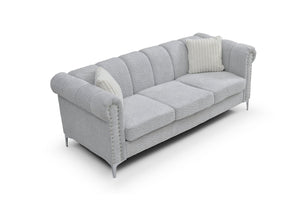 English Elm Sammy Rolled Arm Chenille Sofa with Chrome Nail Heads and Polished Steel Legs B078S00649