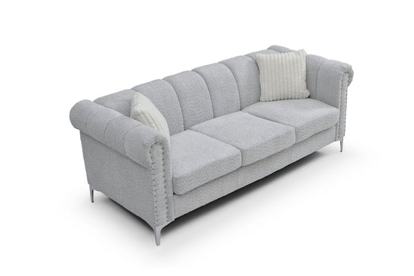 English Elm Sammy Rolled Arm Chenille Sofa with Chrome Nail Heads and Polished Steel Legs B078S00649
