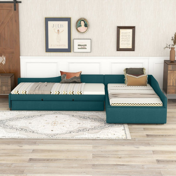 English Elm Upholstered Twin Daybed with Pull Out Trundle Linen Blend Sofa Style Studio Bed Green GX001316AAF