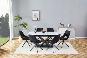 English Elm Modern Extendable Dining Table with Walnut MDF Veneer Top, Dual V-Shaped Metal Base, Sleek Durable Design White Marble W3493S00006