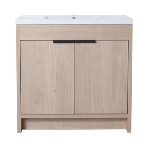 English Elm 36 Inch Freestanding Vanity with White Resin Sink, Soft-Close Doors, Adjustable Shelf, Water-Resistant Finish W999S00277