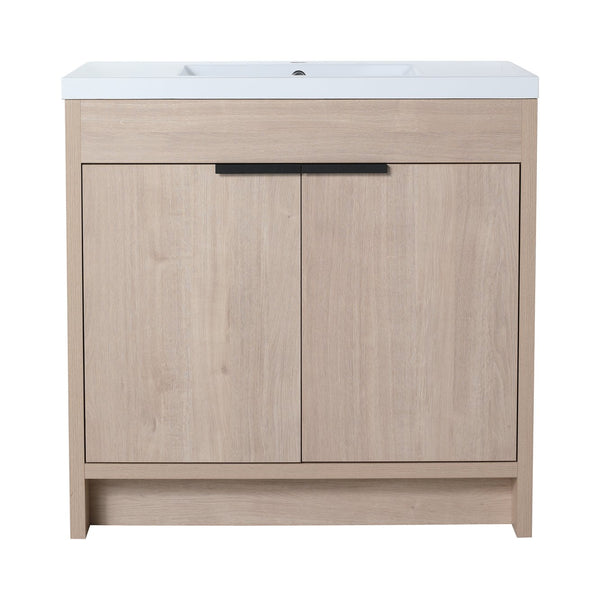 English Elm 36 Inch Freestanding Vanity with White Resin Sink, Soft-Close Doors, Adjustable Shelf, Water-Resistant Finish W999S00277