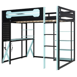 English Elm Full Size Loft Bed with Rgb Lighting Chevron Desk Usb Charging Ports and Storage Shelves Black+Blue LT000286AAC