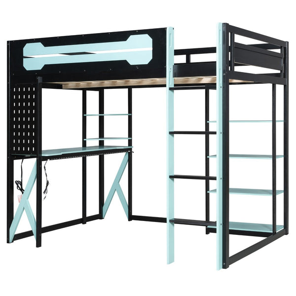 English Elm Full Size Loft Bed with Rgb Lighting Chevron Desk Usb Charging Ports and Storage Shelves Black+Blue LT000286AAC