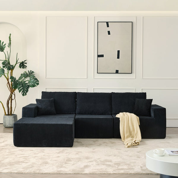 English Elm 110" Cloud Modular Sectional Sofa Boneless Corduroy 3-Seater with Ottoman & 2 Pillows, No Assembly, Luxurious Comfort Black W2656S00006