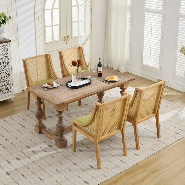 English Elm Rattan Solid Wood Dining Chair with Linen Seat and Decorative Armrests, Rustic Faux Rattan Elegance for Home Olive Green W1143P335054