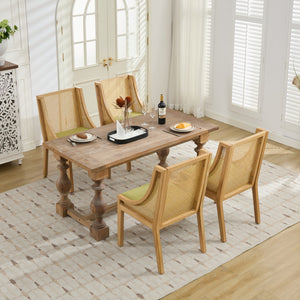 English Elm Rattan Solid Wood Dining Chair with Linen Seat and Decorative Armrests, Rustic Natural Finish Olive Green W1143P335054