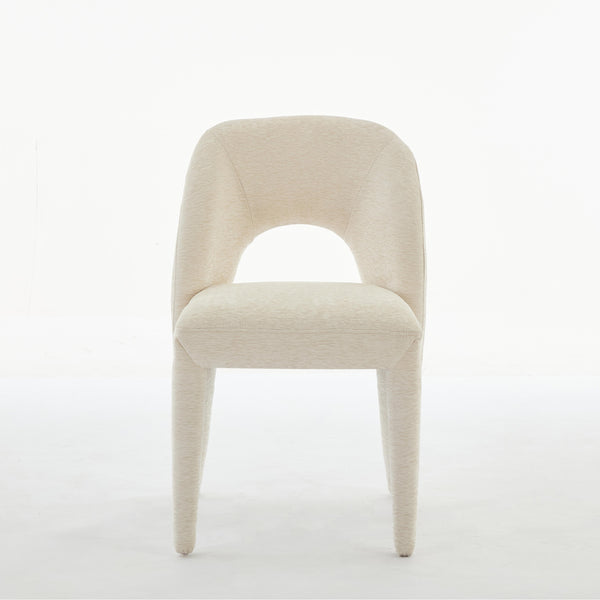 English Elm Cream Chenille Dining Chair Set of 2 with Hollow Back, Iron Frame KD Assembly, 300lb Capacity, Cozy Elegance W3615P340380