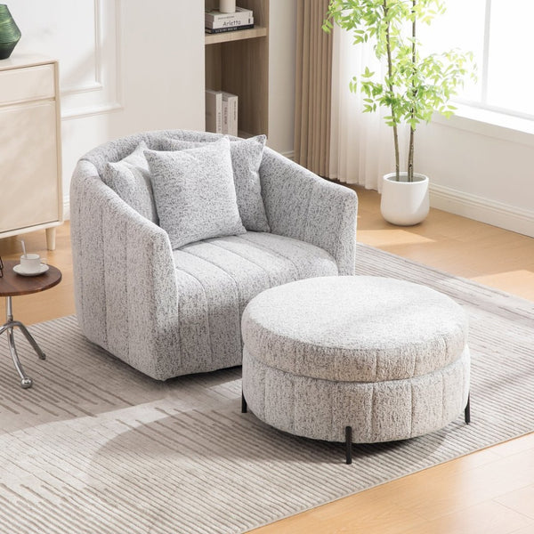 English Elm 39"w Swivel Barrel Club Chair with Channel Tufted Chenille and Round Storage Ottoman Set White+Black W3118S00047