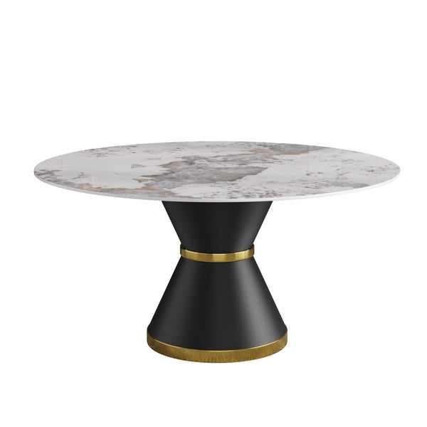 English Elm 59.05"Modern 59.05" Modern Round Dining Table With Black Carbon Steel Base - Seats 6-8, Durable Sintered Stone Top W1535S00438