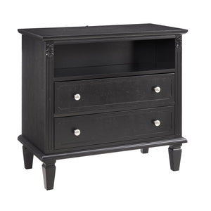 English Elm Open Dresser Nightstand with Charging Station and Open Shelf, 2 Drawers, Solid Wood Legs, Farmhouse Appeal Black W1693P216933