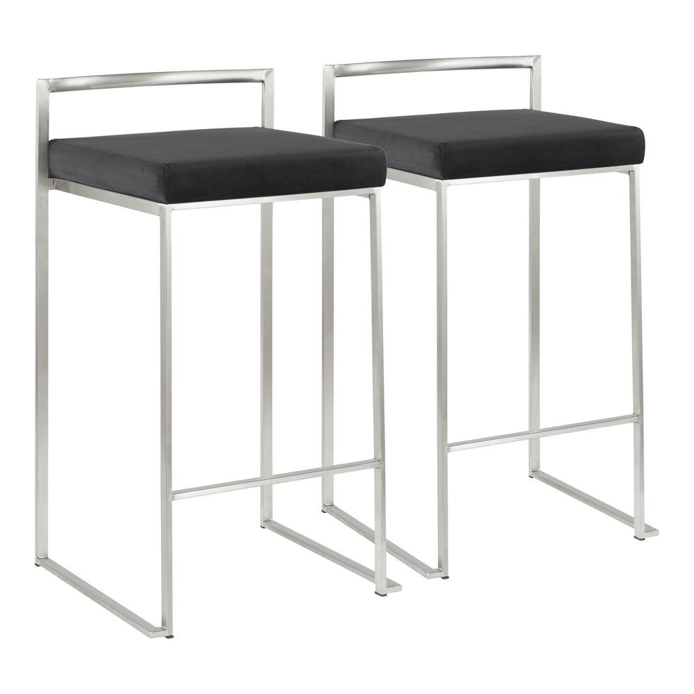 English Elm Fuji Contemporary Stackable Counter Stools - Sleek Stainless Steel & Plush Black Velvet Cushion Pair B202P221930
