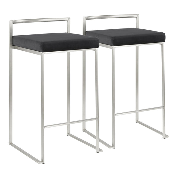 English Elm Fuji Contemporary Stackable Counter Stools - Sleek Stainless Steel & Plush Black Velvet Cushion Pair B202P221930