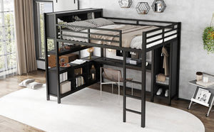 English Elm Metal Loft Bed With Wardrobe, L-Shaped Desk & Storage Cubes - Stylish Space-Saving Queen Solution W1580S00109