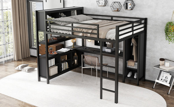 English Elm Metal Loft Bed With Wardrobe, L-Shaped Desk & Storage Cubes - Stylish Space-Saving Queen Solution W1580S00109