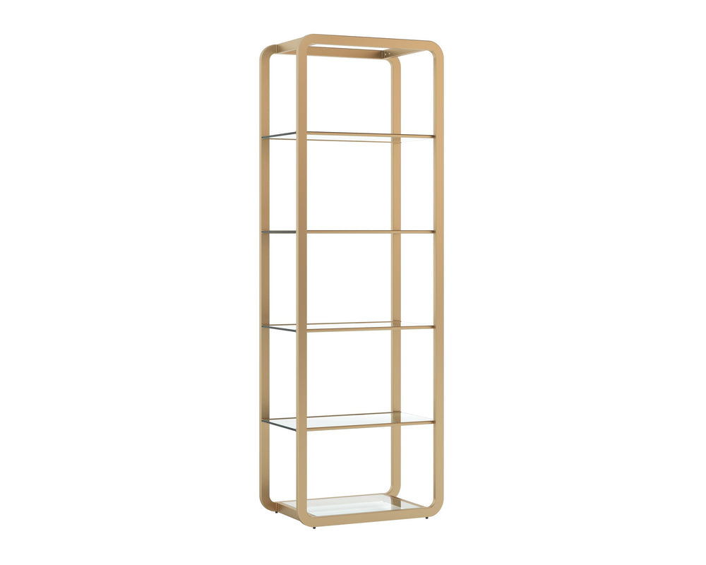 Sunpan Ambretta Glass Shelf Bookcase Brushed Gold Steel Frame with Mirrored Base Display 108085