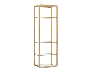Sunpan Ambretta Glass Shelf Bookcase Brushed Gold Steel Frame with Mirrored Base Display 108085