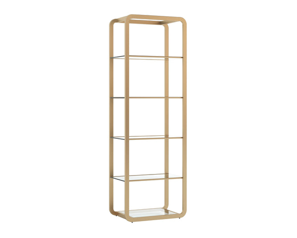 Sunpan Ambretta Glass Shelf Bookcase Brushed Gold Steel Frame with Mirrored Base Display 108085