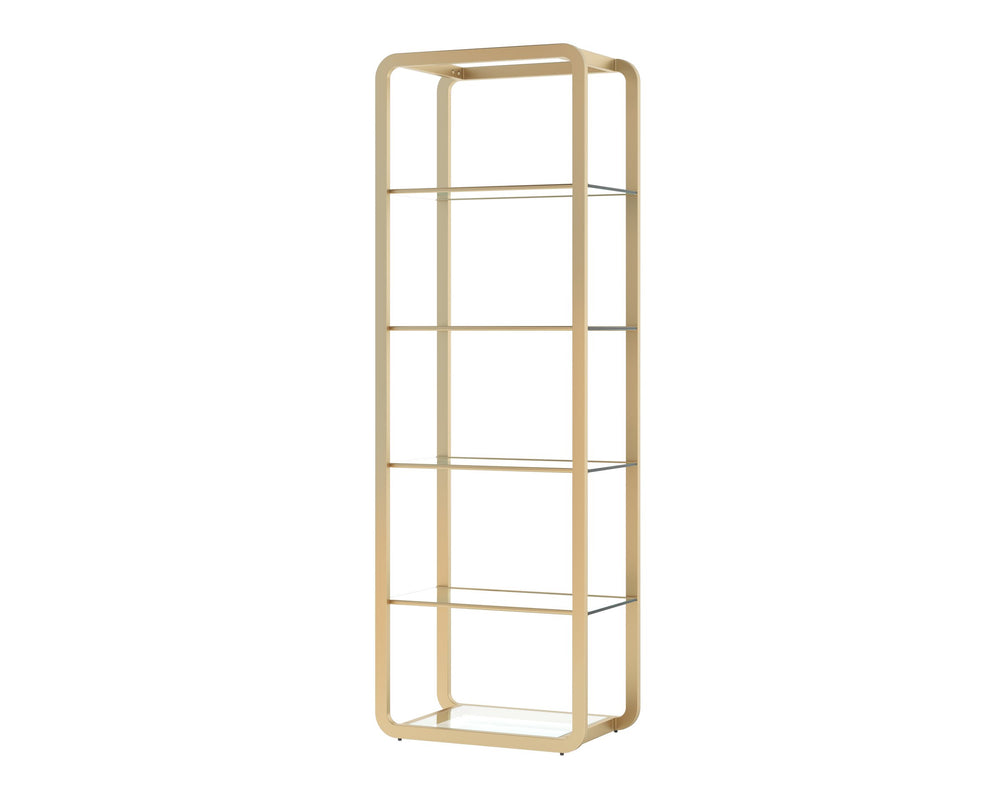 Sunpan Ambretta Glass Shelf Bookcase Brushed Gold Steel Frame with Mirrored Base Display 108085