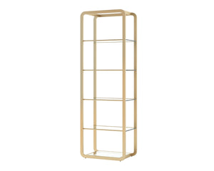 Sunpan Ambretta Glass Shelf Bookcase Brushed Gold Steel Frame with Mirrored Base Display 108085