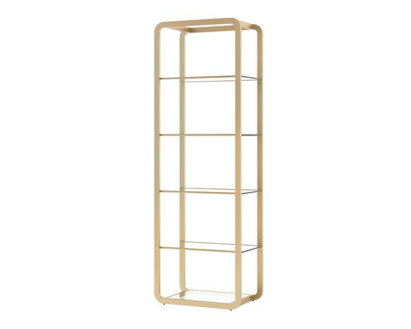 Sunpan Ambretta Glass Shelf Bookcase Brushed Gold Steel Frame with Mirrored Base Display 108085