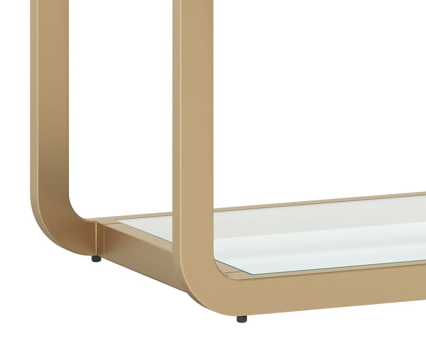 Sunpan Ambretta Glass Shelf Bookcase Brushed Gold Steel Frame with Mirrored Base Display 108085
