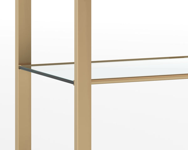 Sunpan Ambretta Glass Shelf Bookcase Brushed Gold Steel Frame with Mirrored Base Display 108085