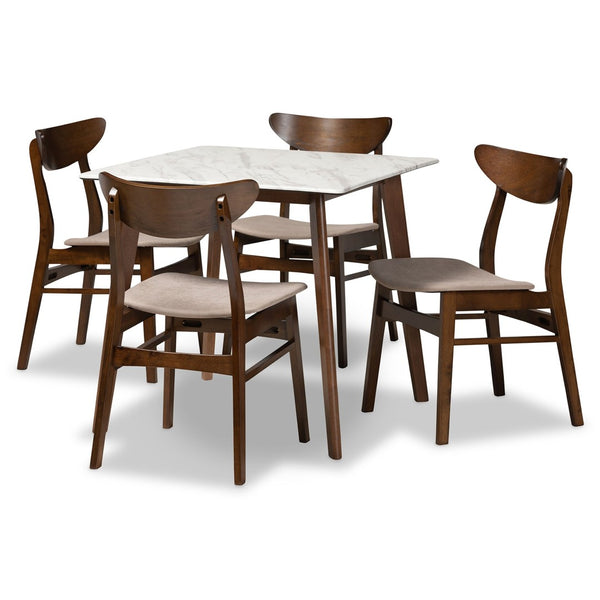 Baxton Studio Baxton Studio Mid-Century Modern 5-Piece Dining Set with Faux Marble Table and Upholstered Chairs Beige Paras-Latte/Walnut-5PC Dining Set