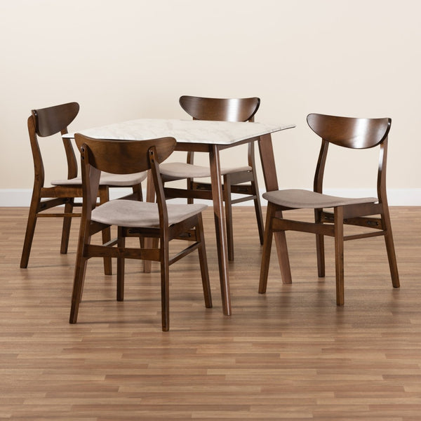 Baxton Studio Baxton Studio Mid-Century Modern 5-Piece Dining Set with Faux Marble Table and Upholstered Chairs Beige Paras-Latte/Walnut-5PC Dining Set