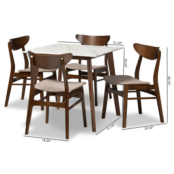 Baxton Studio Baxton Studio Mid-Century Modern 5-Piece Dining Set with Faux Marble Table and Upholstered Chairs Beige Paras-Latte/Walnut-5PC Dining Set