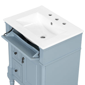 English Elm 24 Inch Freestanding Vanity with Ceramic Sink Rubberwood Frame Matte Finish Storage Blue+Grey N725P356058E