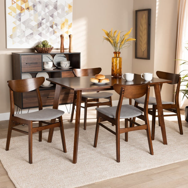Baxton Studio Baxton Studio Mid-Century Modern 5-Piece Dining Set with Light Beige Upholstered Chairs & Walnut Finish Orion Grey Parlin/Fiesta-Smoke/Walnut-5PC Dining Set
