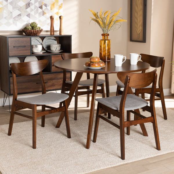 Baxton Studio Baxton Studio Philip 5-Piece Mid-Century Dining Set with Upholstered Chairs in Light Grey & Walnut Finish Parlin/Hexa-Smoke/Walnut-5PC Dining Set