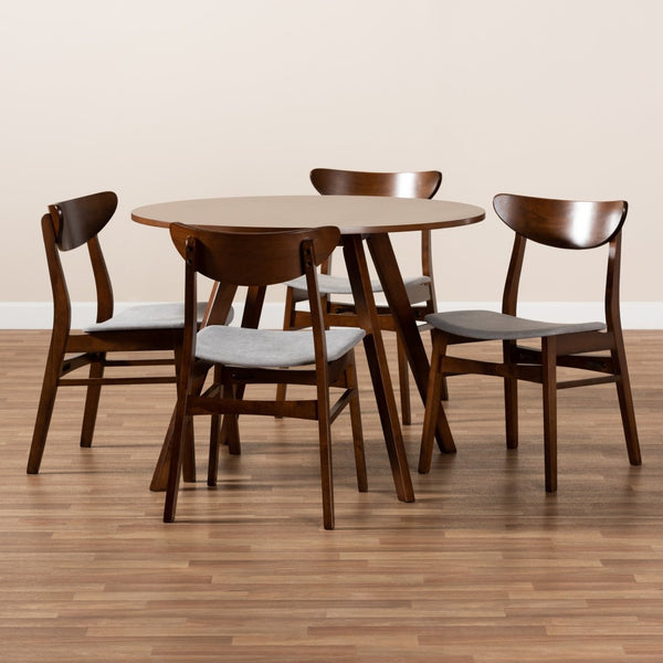 Baxton Studio Baxton Studio Philip 5-Piece Mid-Century Dining Set with Upholstered Chairs in Light Grey & Walnut Finish Parlin/Hexa-Smoke/Walnut-5PC Dining Set